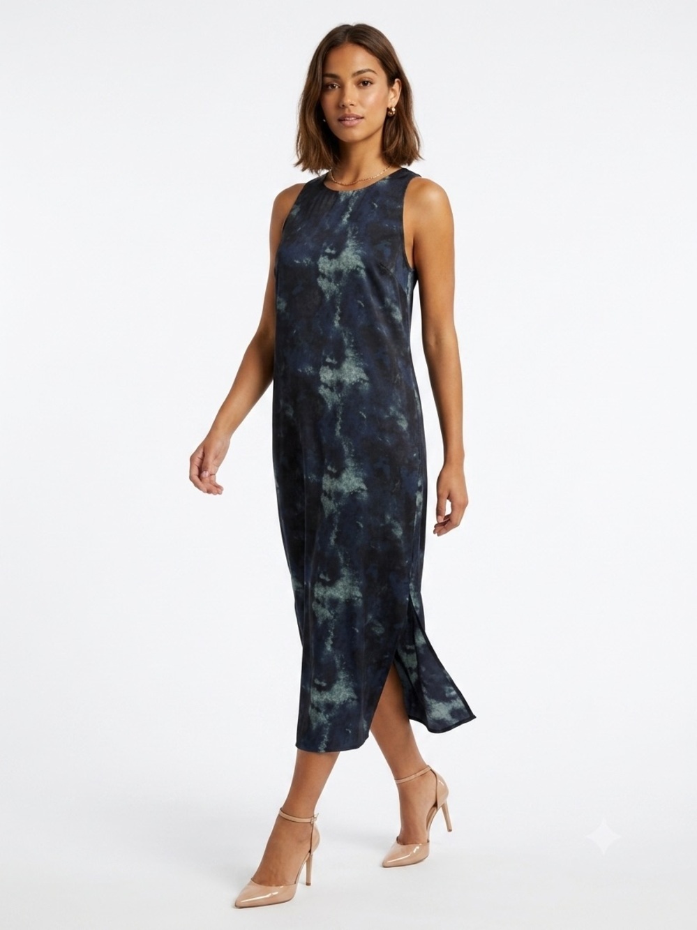 Melrose and Market Midi Dress Medium Blue Black Abstract Sleeveless Lined new